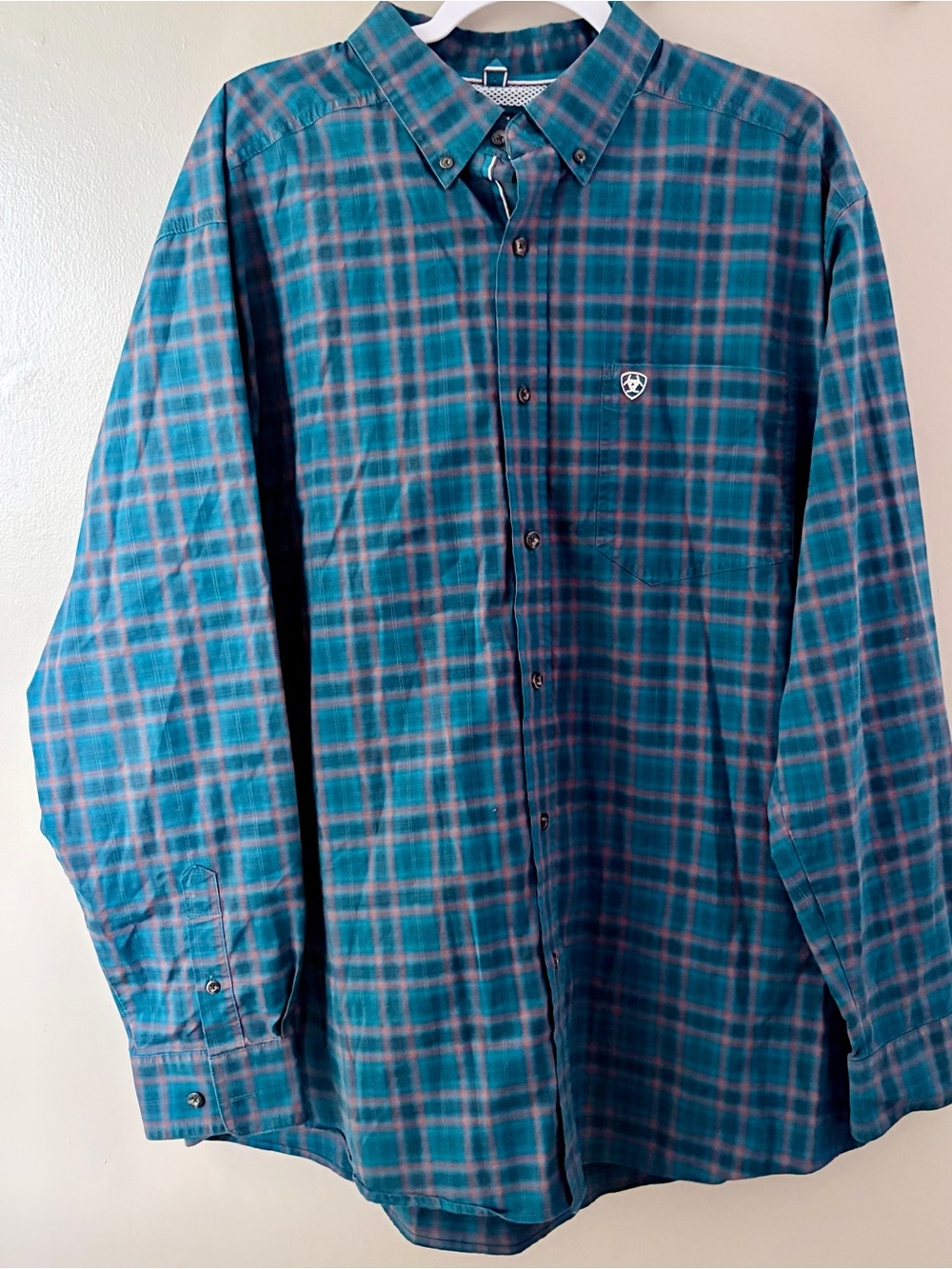 Ariat Pro Series Mens XL Teal Plaid Long Sleeve Stretch Western Button Shirt